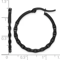 Black textured hoop earrings shown from front and side view with a measurement scale indicating approximately 1.25 inches in diameter.