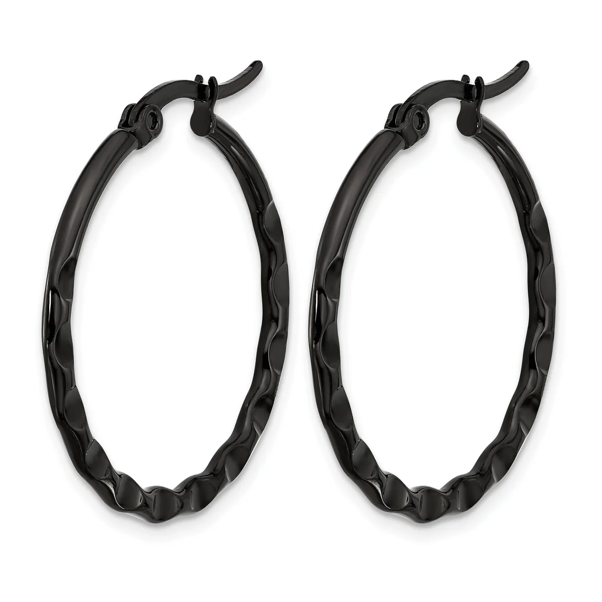 A pair of black textured hoop earrings with hinged closures, displayed side by side against a white background.