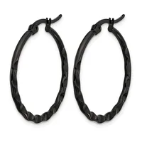 A pair of black textured hoop earrings with hinged closures, displayed side by side against a white background.