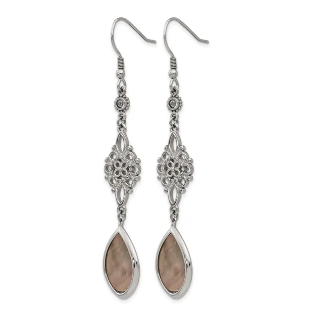 Pair of silver-toned dangle earrings with ornate filigree connectors and teardrop-shaped smoky quartz stones, displayed against a white background.