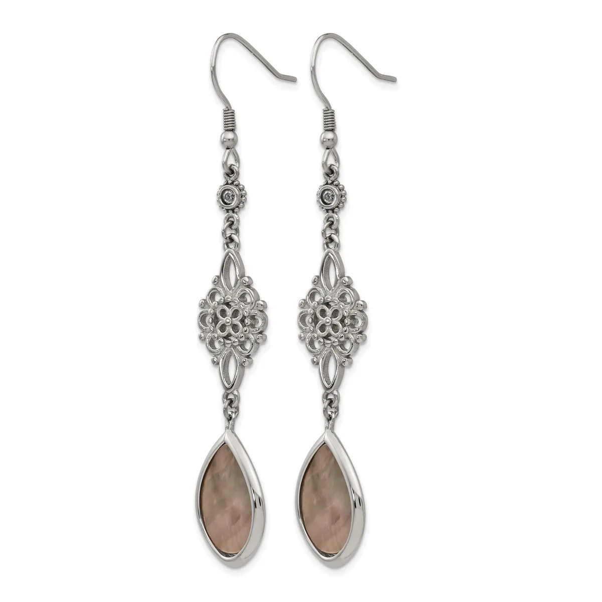 Pair of silver-toned dangle earrings with ornate filigree connectors and teardrop-shaped smoky quartz stones, displayed against a white background.