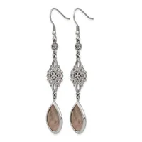 Pair of silver-toned dangle earrings with ornate filigree connectors and teardrop-shaped smoky quartz stones, displayed against a white background.