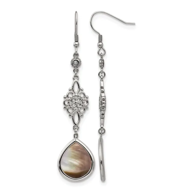 A pair of silver-toned dangle earrings with ornate filigree connectors and teardrop-shaped brown mother-of-pearl pendants, shown from front and side views.