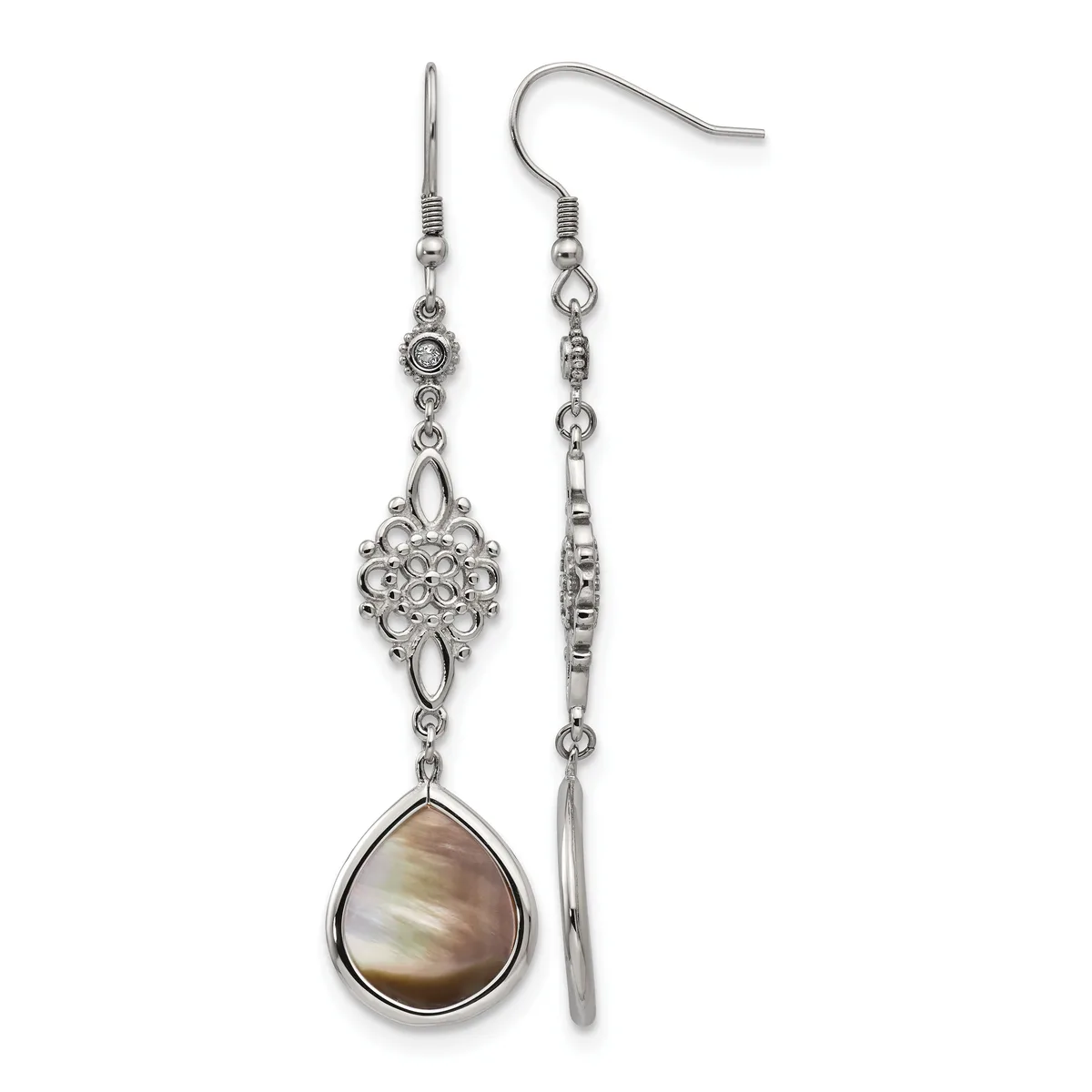 A pair of silver-toned dangle earrings with ornate filigree connectors and teardrop-shaped brown mother-of-pearl pendants, shown from front and side views.