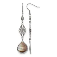 A pair of silver-toned dangle earrings with ornate filigree connectors and teardrop-shaped brown mother-of-pearl pendants, shown from front and side views.