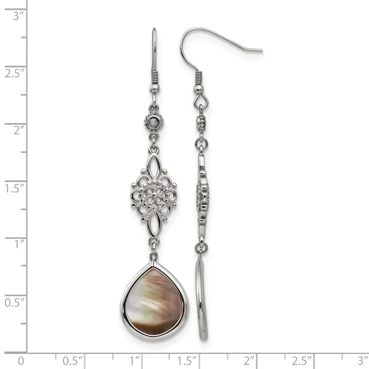 Pair of silver-toned dangle earrings with decorative filigree connectors and teardrop-shaped brown and white striped stone pendants, displayed against a ruler showing measurements up to three inches.