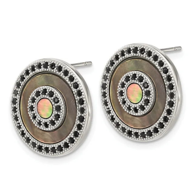 A pair of silver oval stud earrings with concentric circles of black stones and mother-of-pearl centers, displayed on a white background.