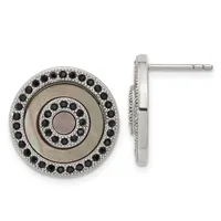 A pair of circular stud earrings with concentric rings of black gemstones alternating with silver-colored metal and gray stone, shown from front and side views.