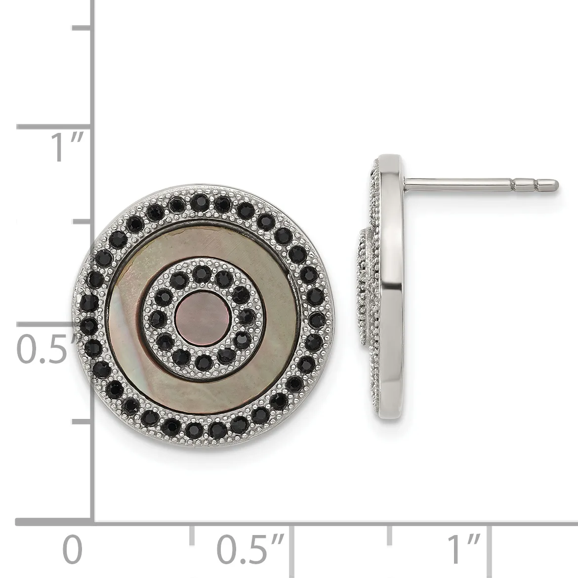 Pair of silver-tone stud earrings with concentric circular design featuring black stones and gray mother-of-pearl, shown front and side view with measurement scale.