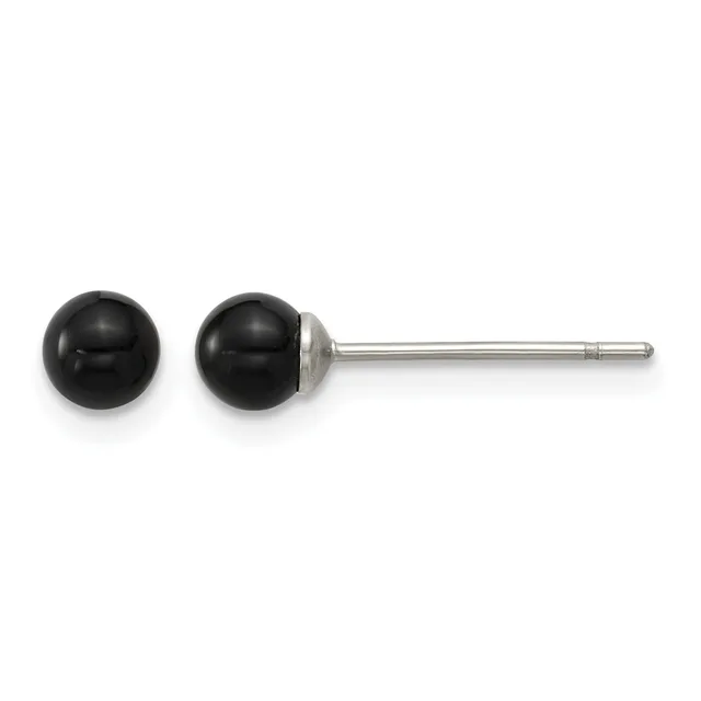 A pair of black spherical stud earrings with silver posts and backs displayed side by side.