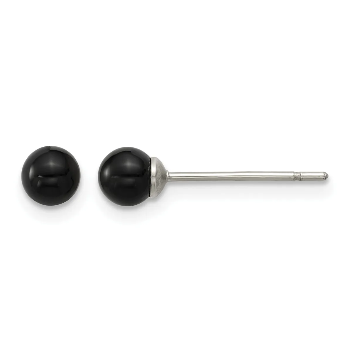 A pair of black spherical stud earrings with silver posts and backs displayed side by side.