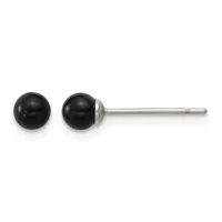 A pair of black spherical stud earrings with silver posts and backs displayed side by side.