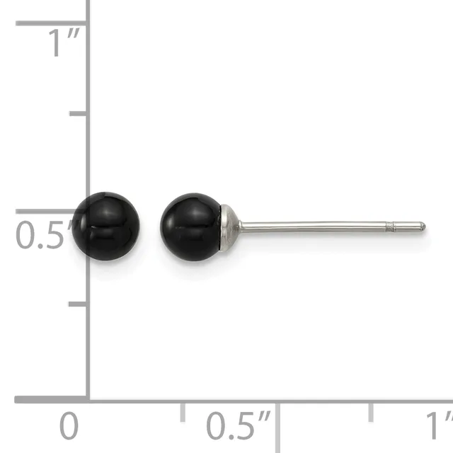 Black sphere stud earrings with sterling silver posts displayed next to a ruler showing approximately 6mm diameter spheres.