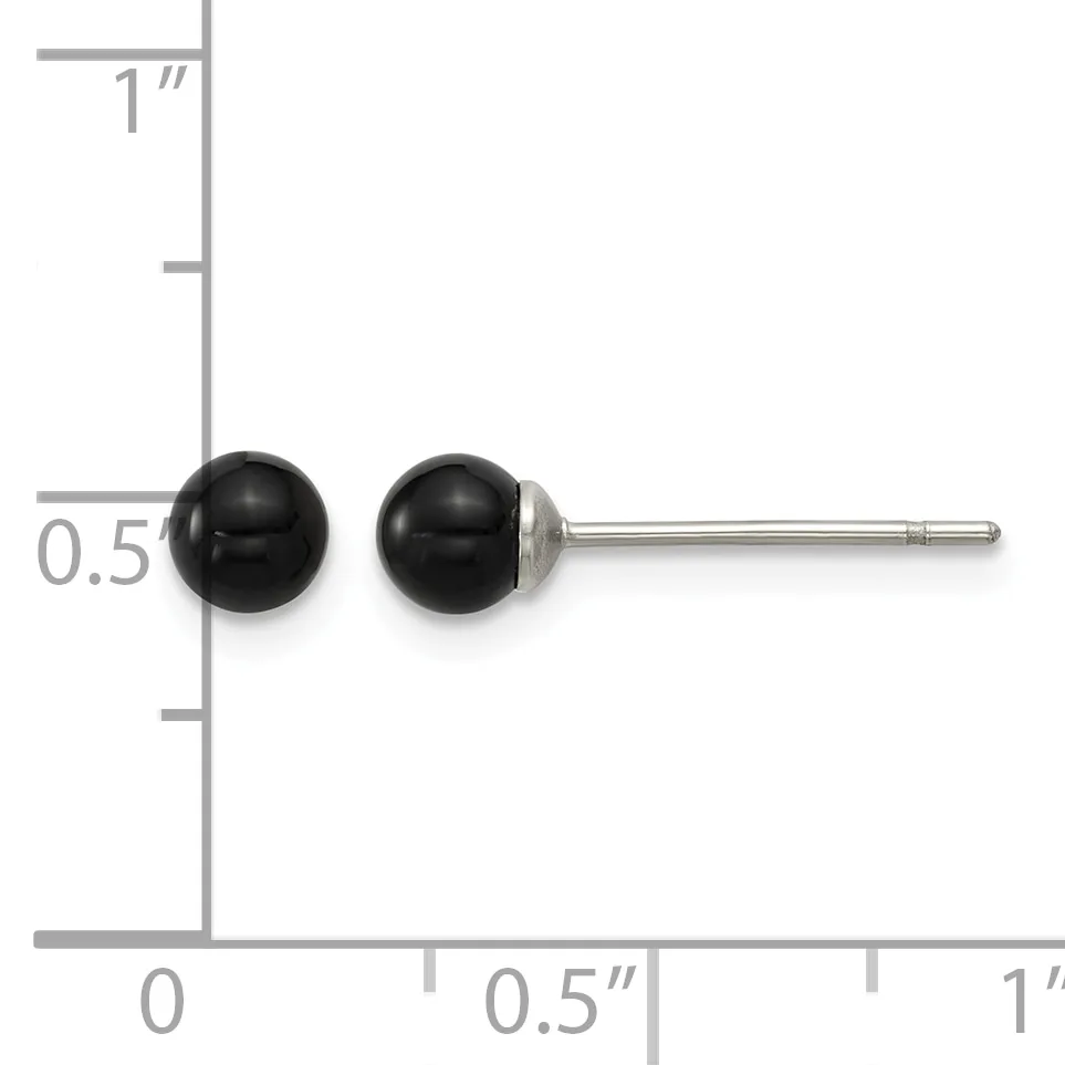 Black sphere stud earrings with sterling silver posts displayed next to a ruler showing approximately 6mm diameter spheres.