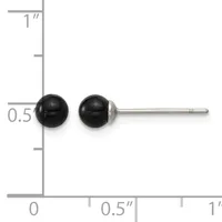 Black sphere stud earrings with sterling silver posts displayed next to a ruler showing approximately 6mm diameter spheres.