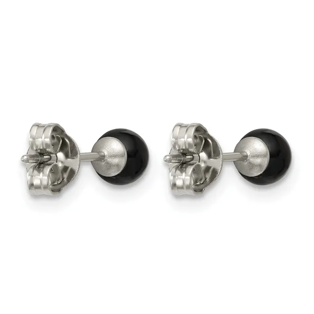 A pair of stud earrings with polished silver posts and clear acrylic butterfly backs, each featuring a small black onyx or obsidian sphere.