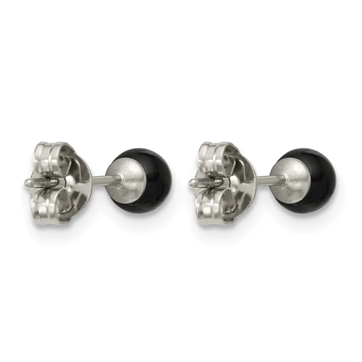 A pair of stud earrings with polished silver posts and clear acrylic butterfly backs, each featuring a small black onyx or obsidian sphere.