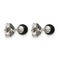 A pair of stud earrings with polished silver posts and clear acrylic butterfly backs, each featuring a small black onyx or obsidian sphere.