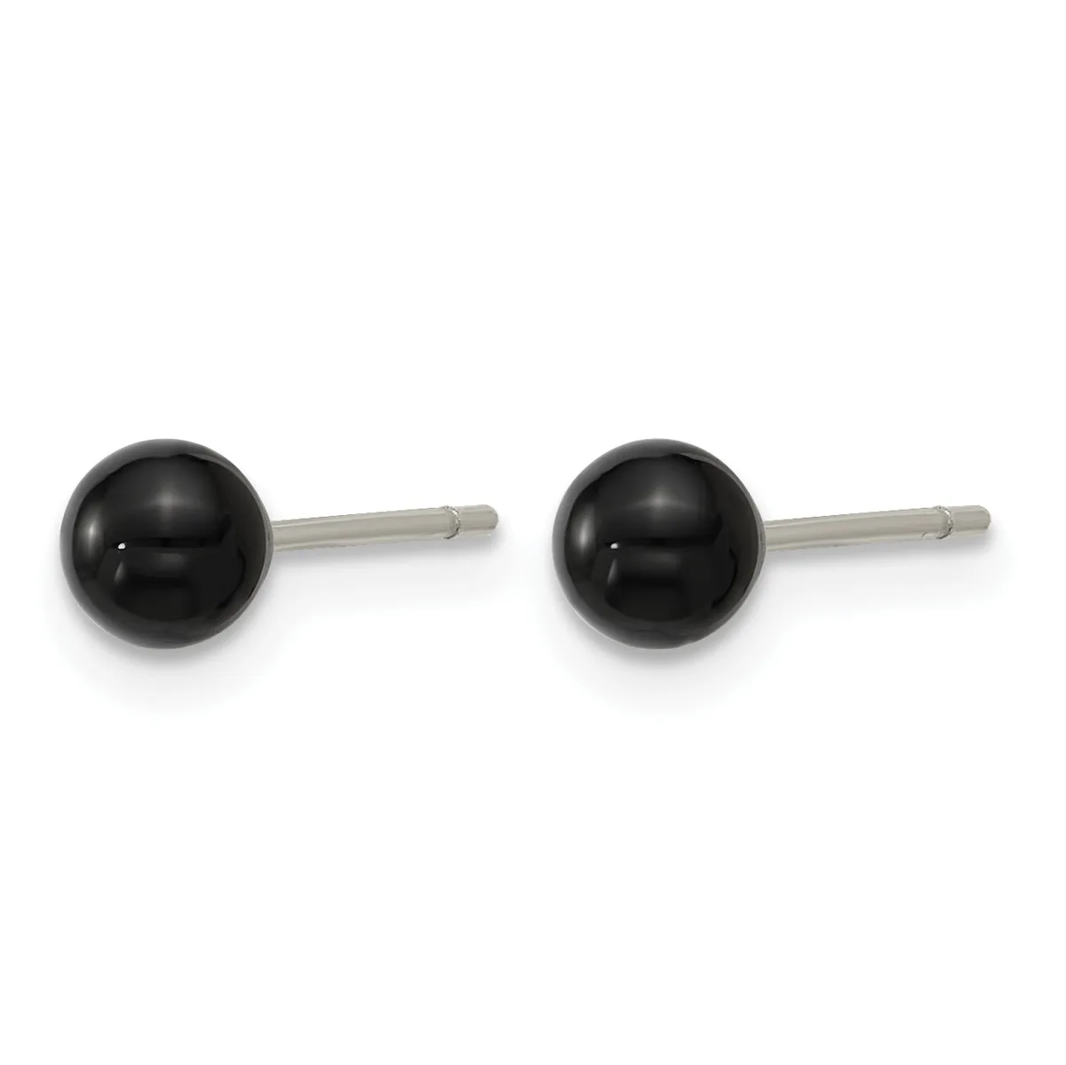 A pair of black spherical stud earrings with silver-toned posts and backs displayed side by side against a white background.