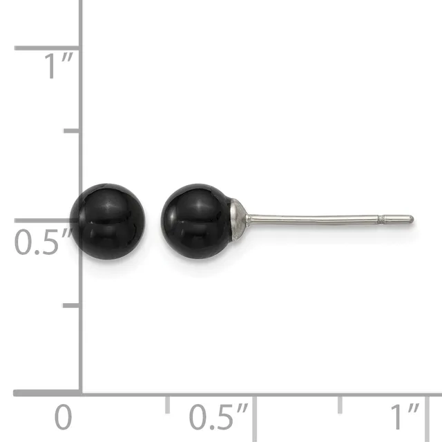 A pair of black spherical stud earrings with metal posts and backs shown next to a ruler for scale, measuring approximately 0.5 inches in diameter.