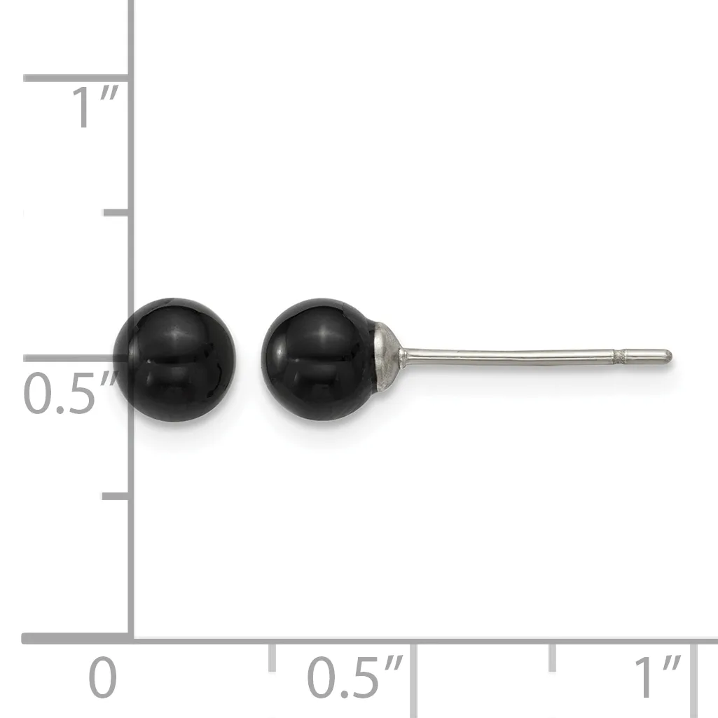 A pair of black spherical stud earrings with metal posts and backs shown next to a ruler for scale, measuring approximately 0.5 inches in diameter.