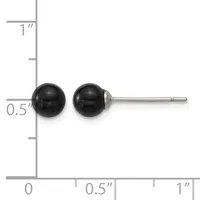 A pair of black spherical stud earrings with metal posts and backs shown next to a ruler for scale, measuring approximately 0.5 inches in diameter.