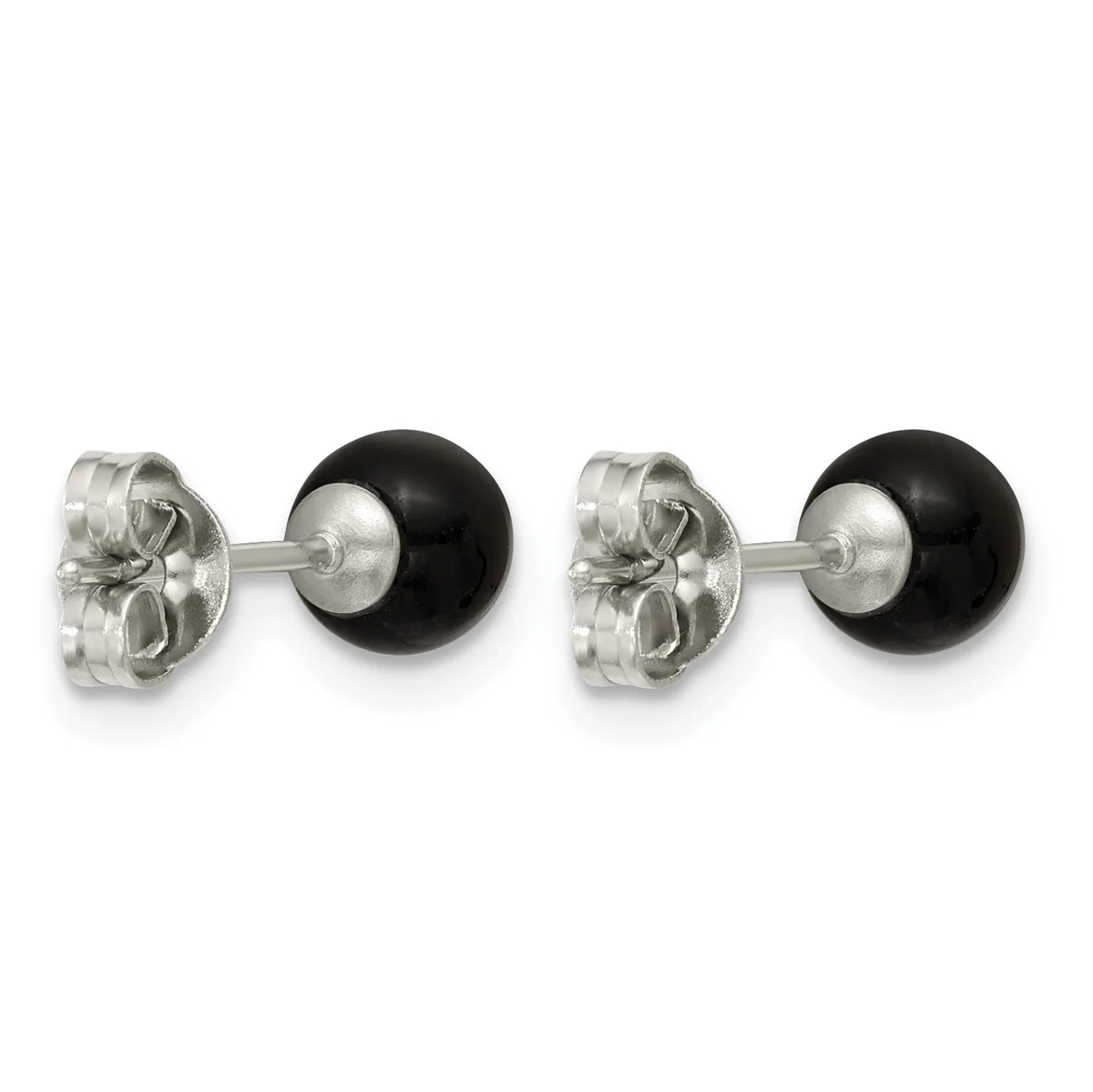 A pair of silver stud earrings with black onyx spheres and decorative butterfly-shaped backs, shown from the front and back.
