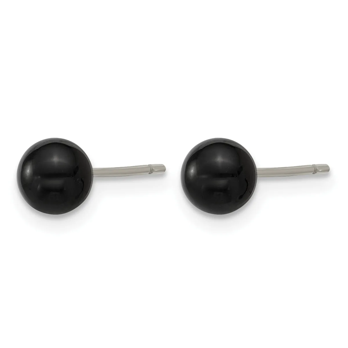 A pair of black spherical stud earrings with metal posts and backs on a white background.