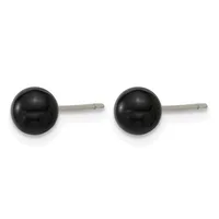 A pair of black spherical stud earrings with metal posts and backs on a white background.