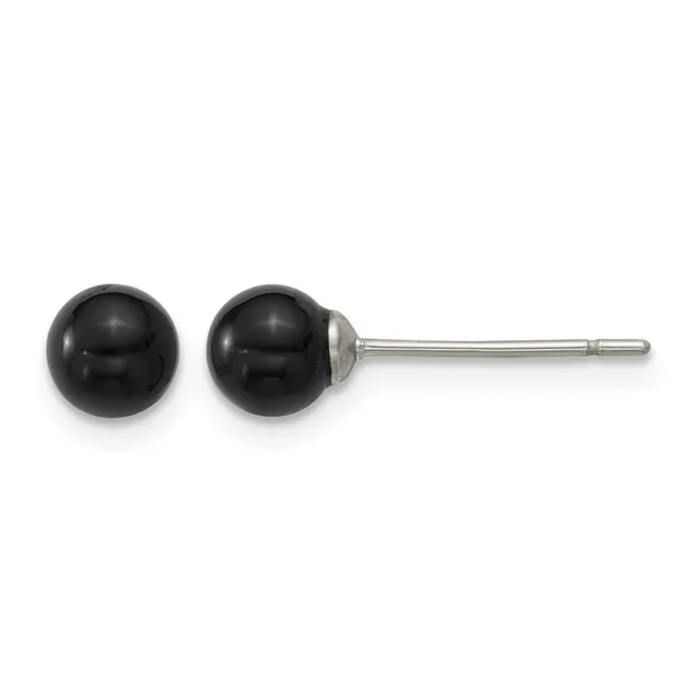 A pair of black spherical stud earrings with silver-toned posts and backs, shown from the front and side view.