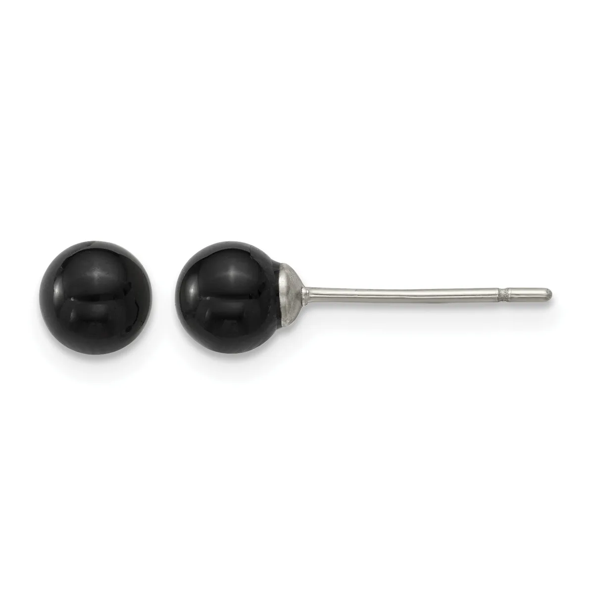 A pair of black spherical stud earrings with silver-toned posts and backs, shown from the front and side view.