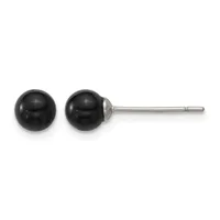 A pair of black spherical stud earrings with silver-toned posts and backs, shown from the front and side view.