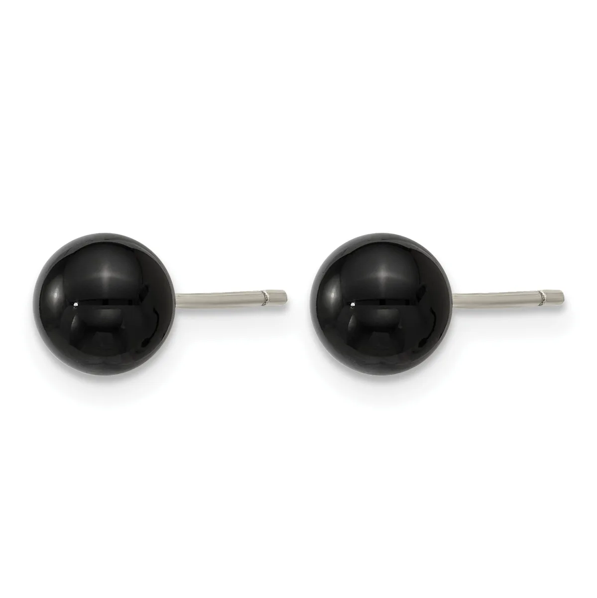 Pair of black spherical stud earrings with silver-toned posts and backs, displayed against a white background.
