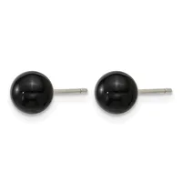 Pair of black spherical stud earrings with silver-toned posts and backs, displayed against a white background.