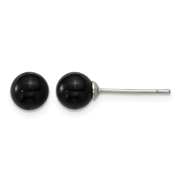 A pair of black spherical stud earrings with a polished finish, displayed on a stainless steel post and backing.