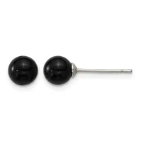 A pair of black spherical stud earrings with a polished finish, displayed on a stainless steel post and backing.
