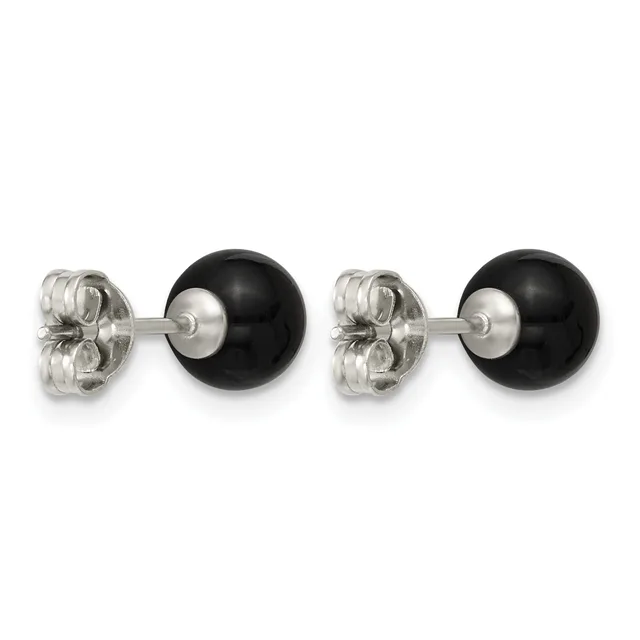 Pair of black onyx ball stud earrings with sterling silver posts and butterfly backs, displayed against a white background.
