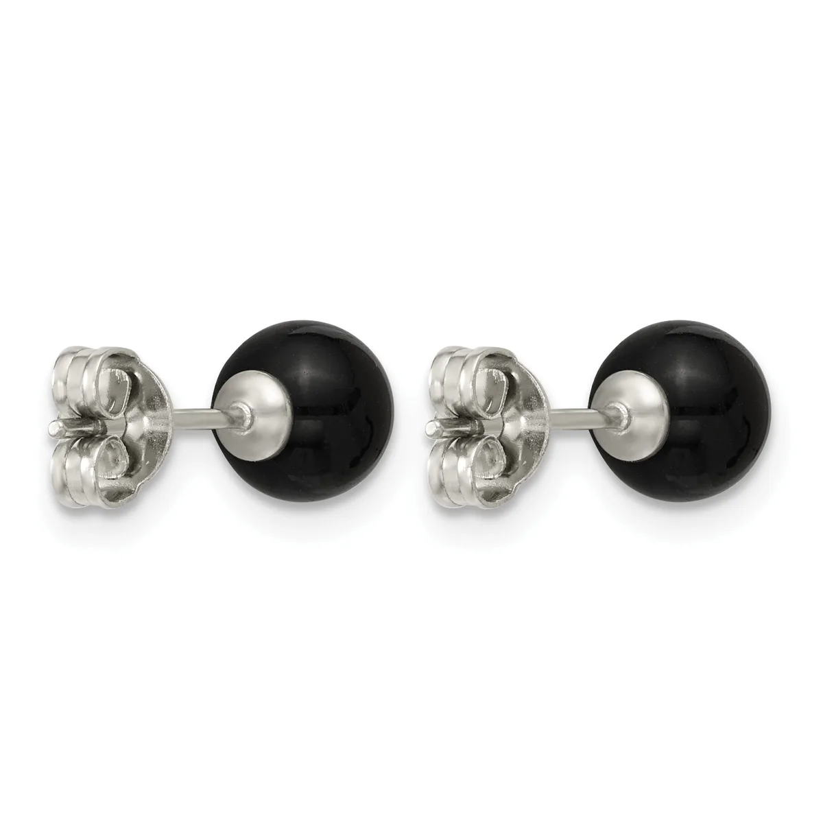 Pair of black onyx ball stud earrings with sterling silver posts and butterfly backs, displayed against a white background.