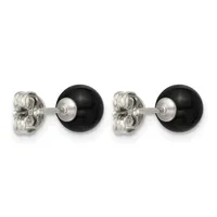 Pair of black onyx ball stud earrings with sterling silver posts and butterfly backs, displayed against a white background.