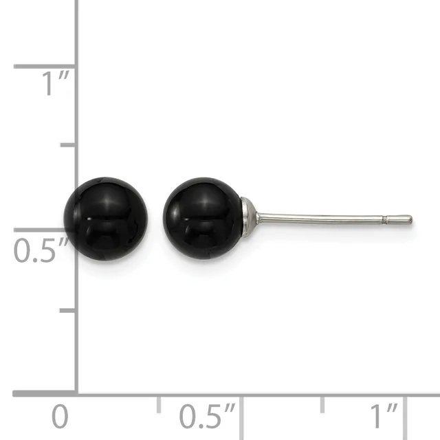 Pair of black spherical stud earrings with a metal post and backing, shown against a ruler measuring approximately half an inch in diameter.