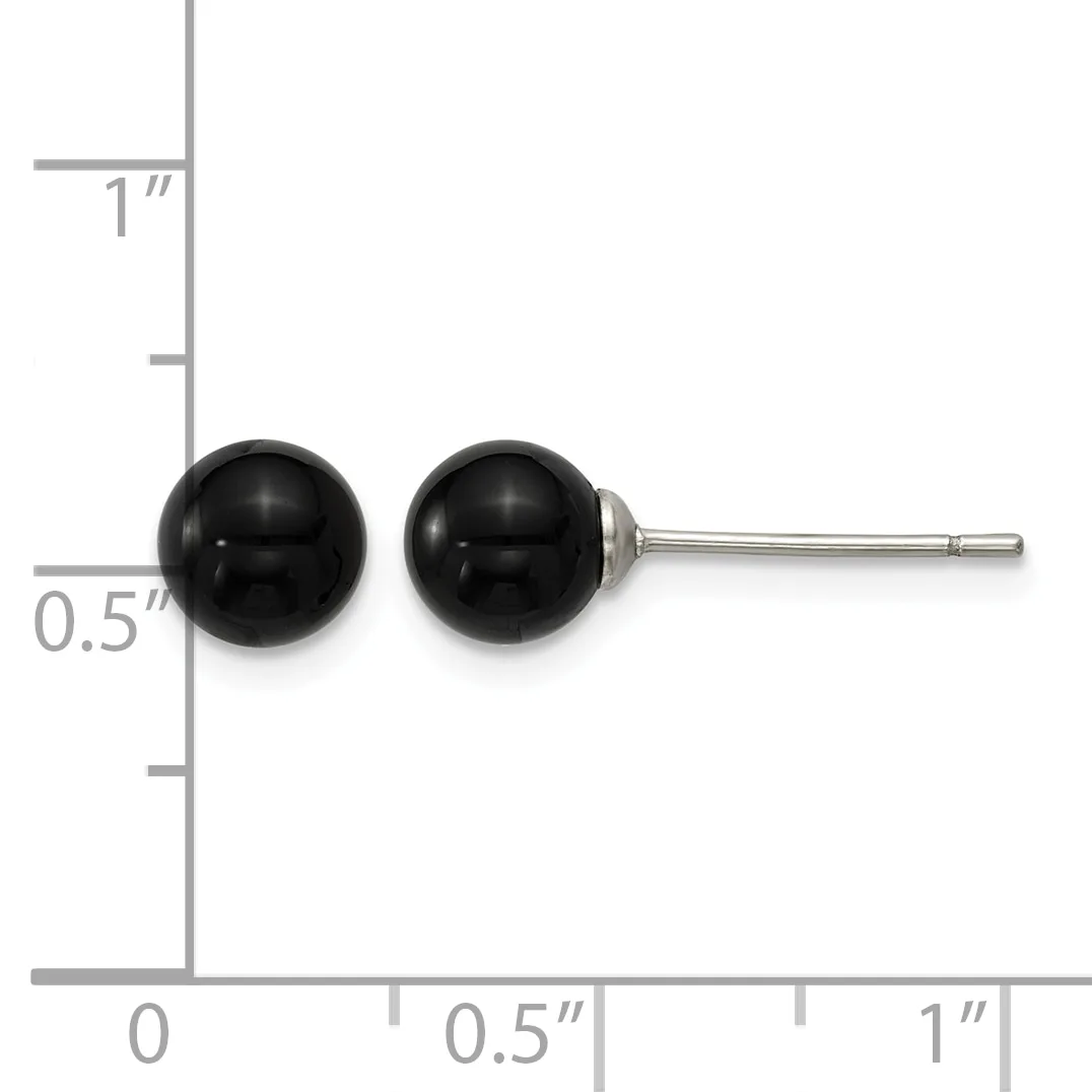 Pair of black spherical stud earrings with a metal post and backing, shown against a ruler measuring approximately half an inch in diameter.