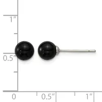 Pair of black spherical stud earrings with a metal post and backing, shown against a ruler measuring approximately half an inch in diameter.
