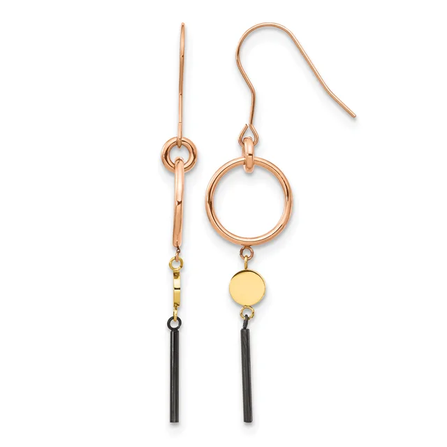 A pair of mixed-metal drop earrings with rose gold ear wires, circular rose gold rings, small gold disc charms, and black cylindrical tube pendants hanging at different lengths.