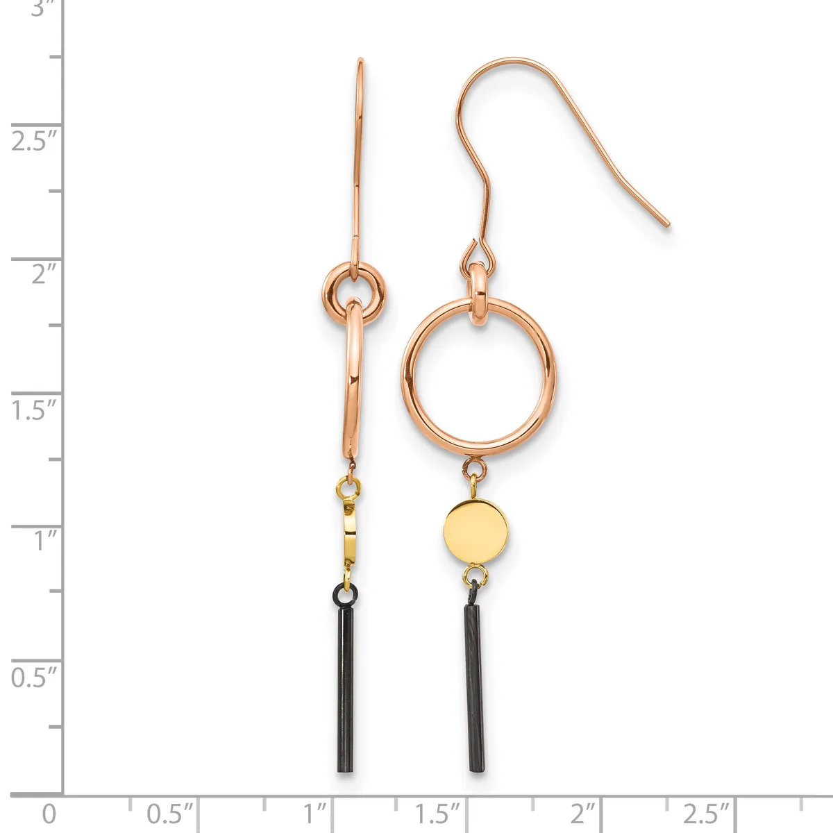 Two copper and gold-tone dangle earrings with black tassel details, shown against a measurement ruler indicating approximately 2.75 inches in length.