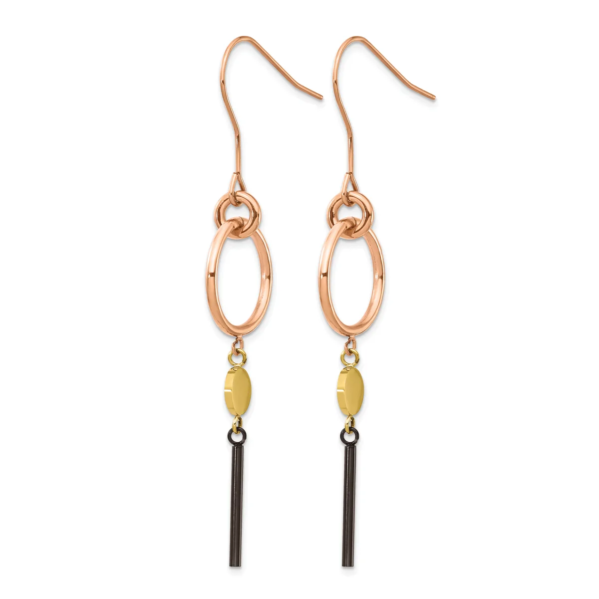 A pair of rose gold drop earrings with oval links, yellow gemstone beads, and black tassel details hanging from rose gold ear wires.