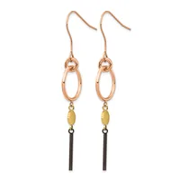 A pair of rose gold drop earrings with oval links, yellow gemstone beads, and black tassel details hanging from rose gold ear wires.