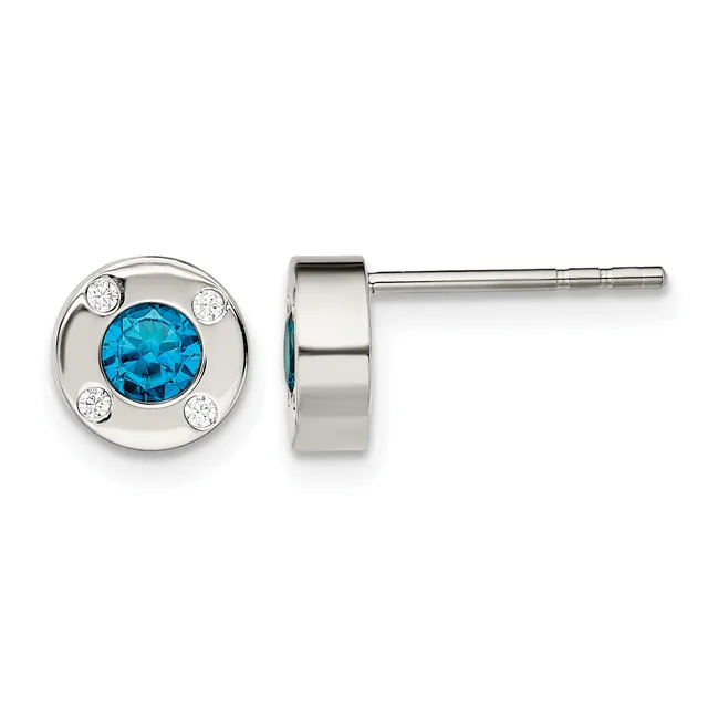 Pair of silver stud earrings with round faces featuring a central blue faceted stone surrounded by four small clear stones, shown from front and side views.
