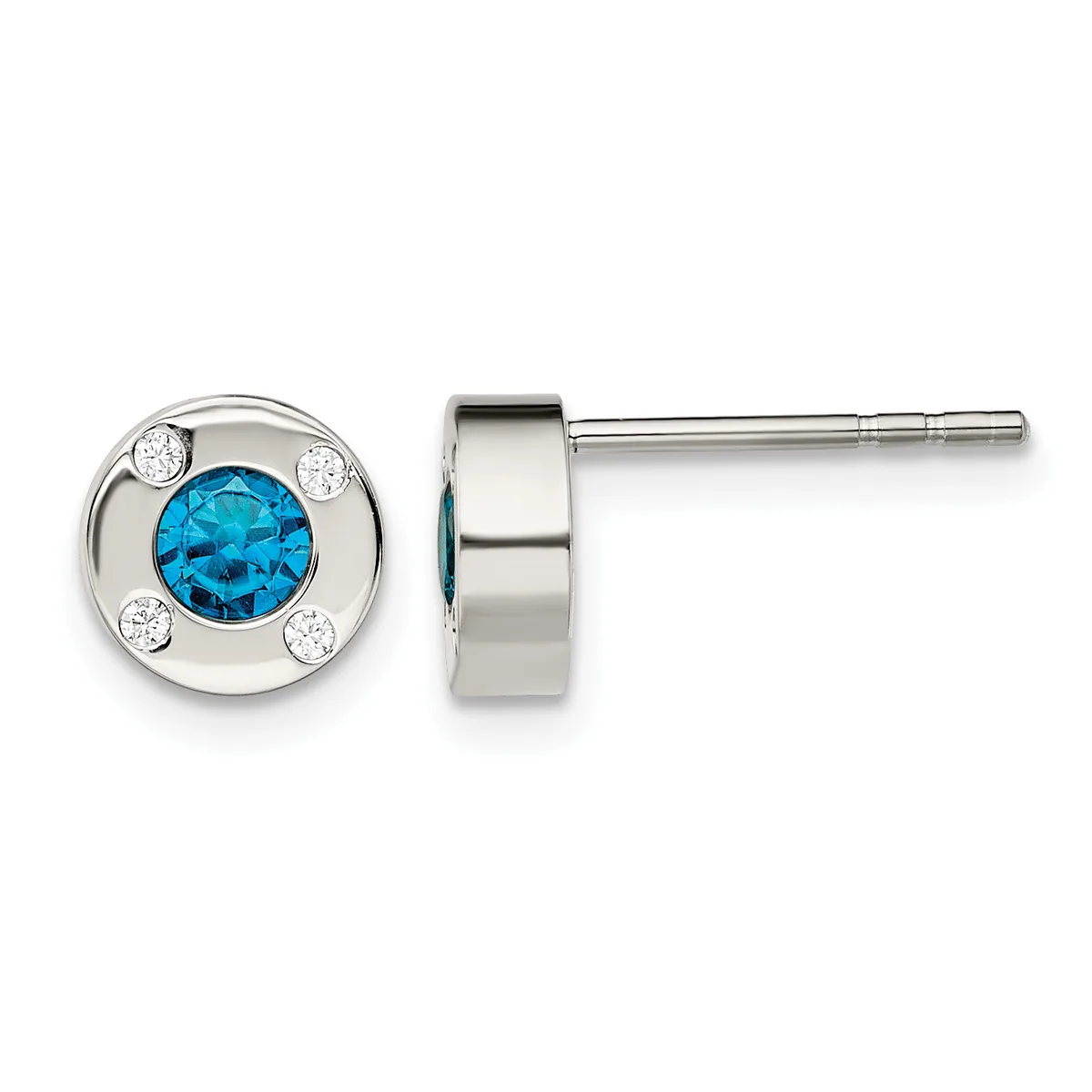 Pair of silver stud earrings with round faces featuring a central blue faceted stone surrounded by four small clear stones, shown from front and side views.