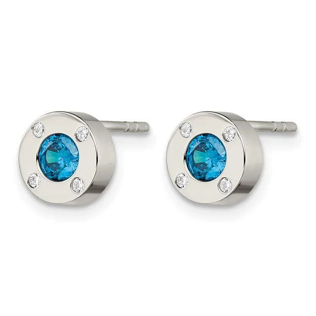 Pair of round silver stud earrings with bezel-set blue topaz centers surrounded by four small diamonds each.