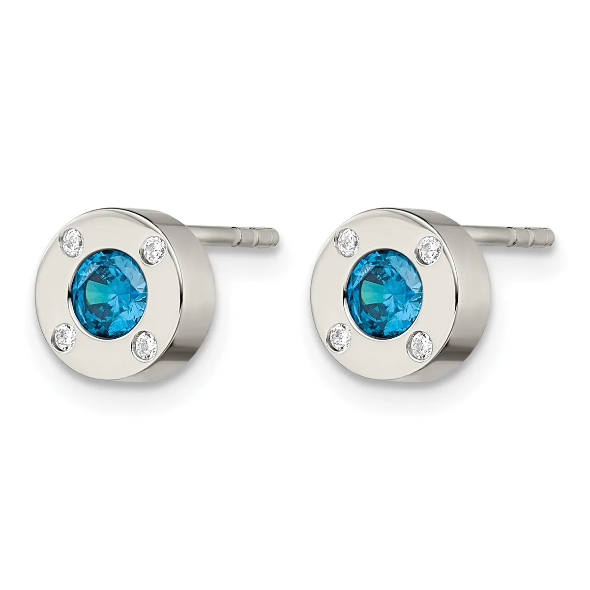 Pair of round silver stud earrings with bezel-set blue topaz centers surrounded by four small diamonds each.